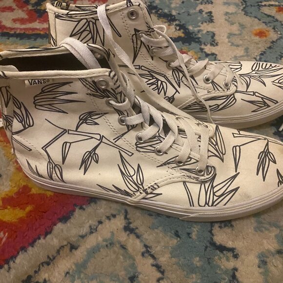 Vans Off The Wall High Top White & Black Bamboo Pattern Sneakers Shoes US 9.5
